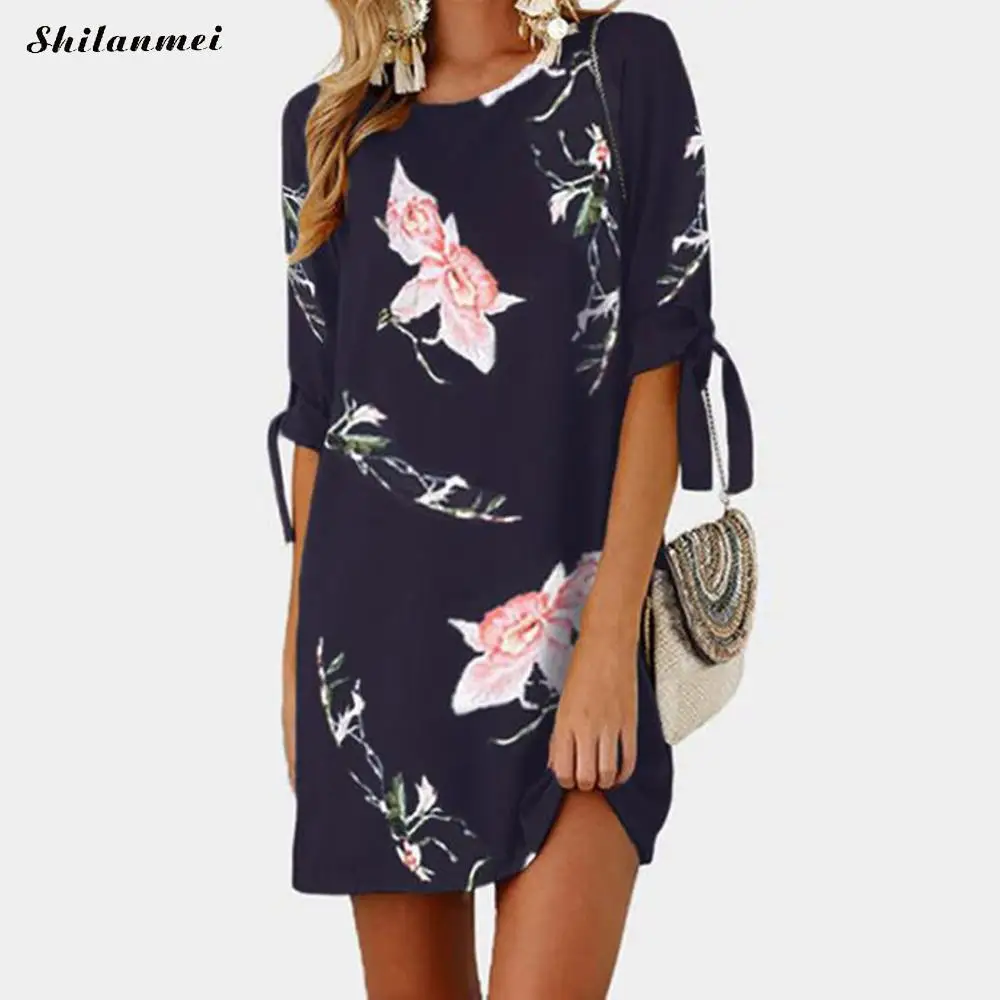 Плюс размер женское летнее платье 5XL 4XL цветочный принт Бохо свободное пляжное платье Повседневная футболка платье с круглым вырезом шифоновые Мини Вечерние платья - Цвет: purplish blue