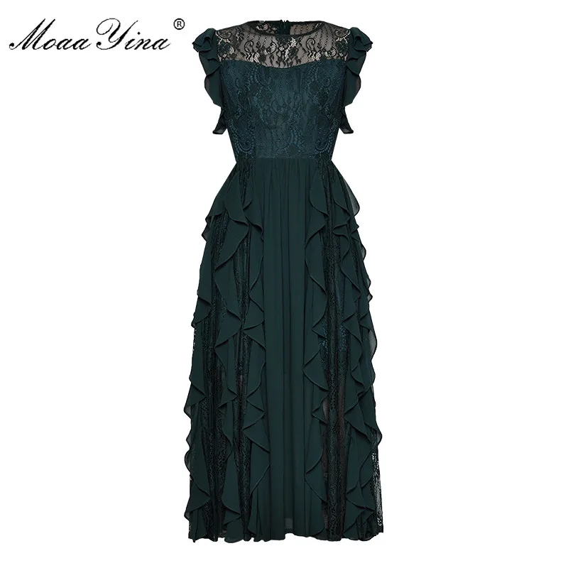 Moaa Yina, модное дизайнерское подиумное платье, весна-лето, женское платье, кружевное, Каскадное, с рюшами, сексуальное, элегантное, для вечеринок - Цвет: Армейский зеленый