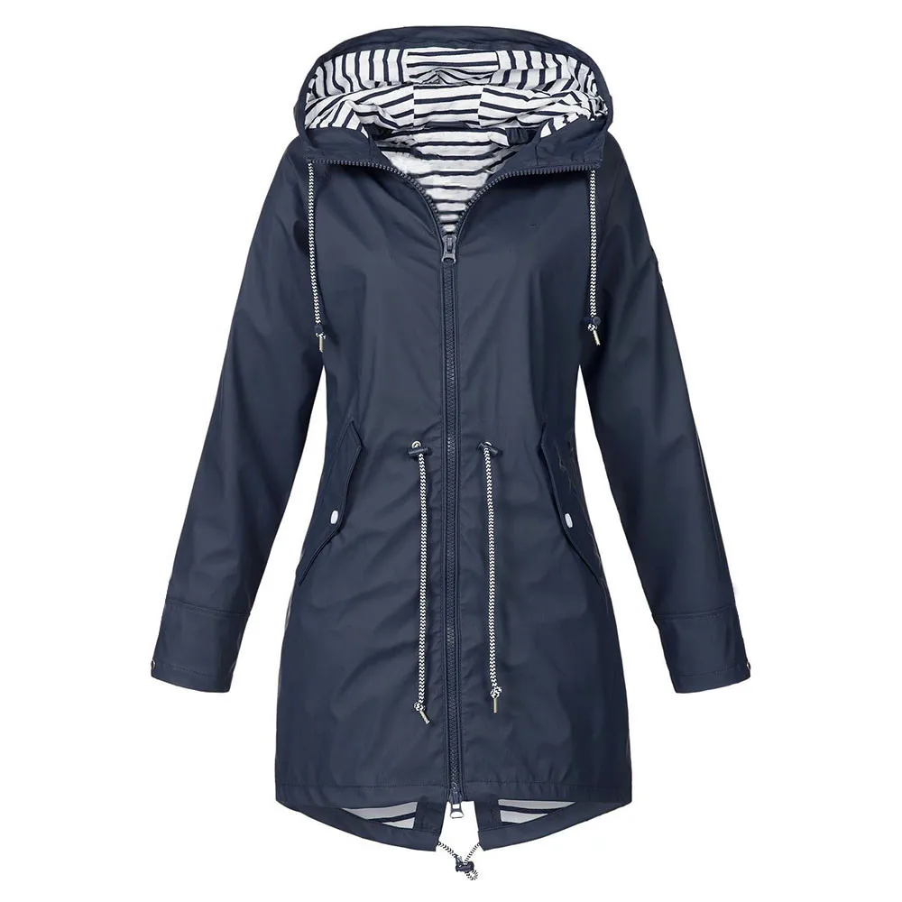 Женская куртка, пальто, Осень-зима, модная одежда, Женская однотонная дождевик, куртки для улицы, водонепроницаемый, с капюшоном, ветрозащитный плащ - Цвет: Тёмно-синий