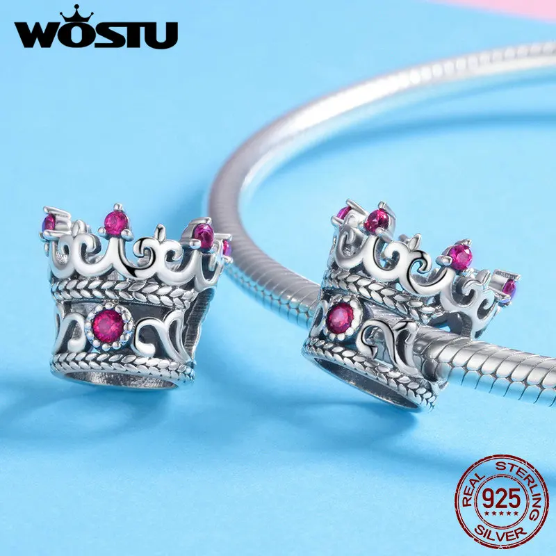 WOSTU 100% Стерлинговое Серебро 925 пробы корона королевы розовый CZ бисер амулеты