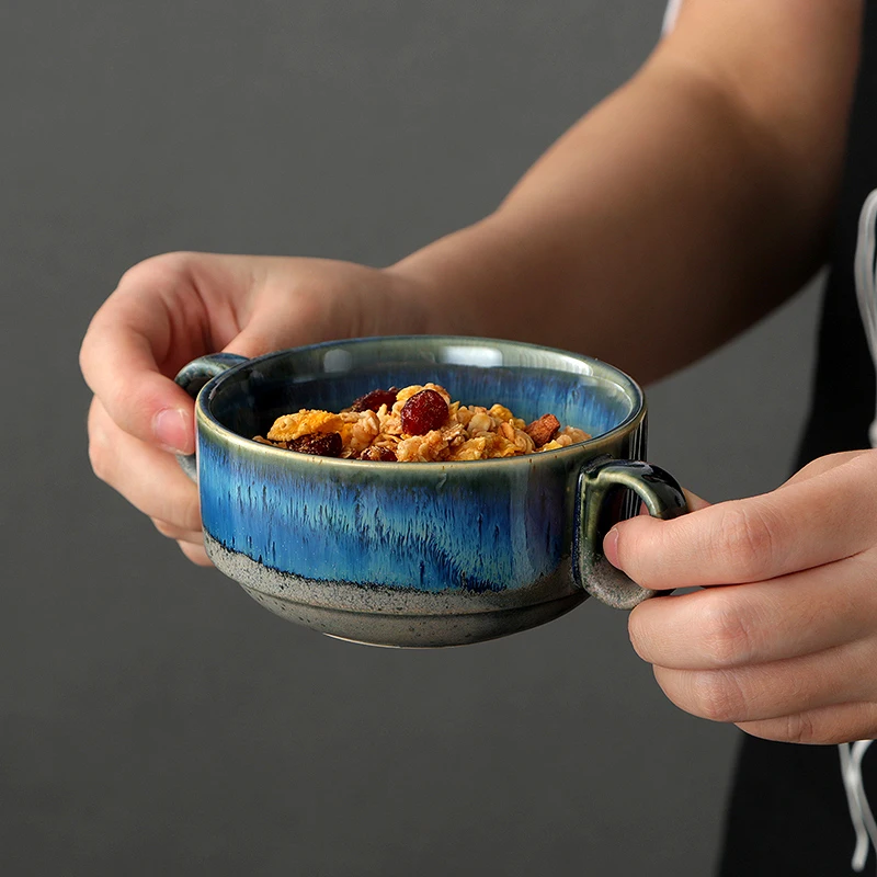 

Japanese Retro Soup Bowl Creative Noodles Eggs Dessert Rice Bowls Ceramic Two Ears Handle Tableware Drop Shipping