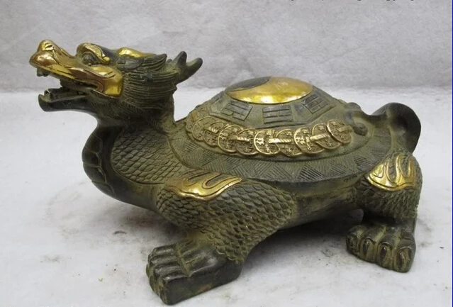 

S0439 5" Chinese Bronze Gilt Folk Feng Shui Coin Money Eight Diagrams Dragon tortoise D0318