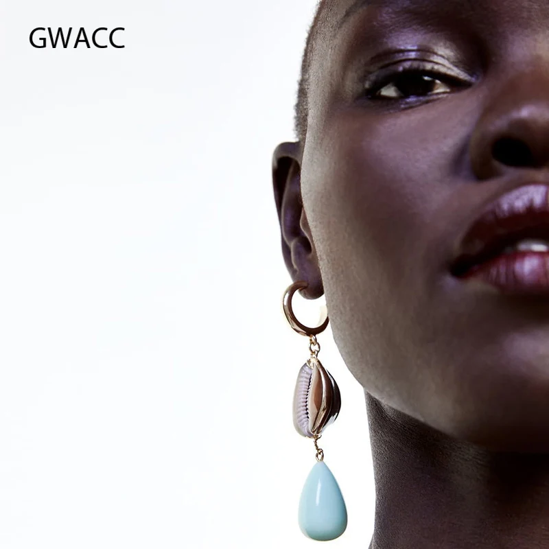 GWACC Shell Pendant Drop Earrings ZA NEW Creative Vintage Ethnic Style Green stone For Women Girls Fashion Jewelry | Украшения и
