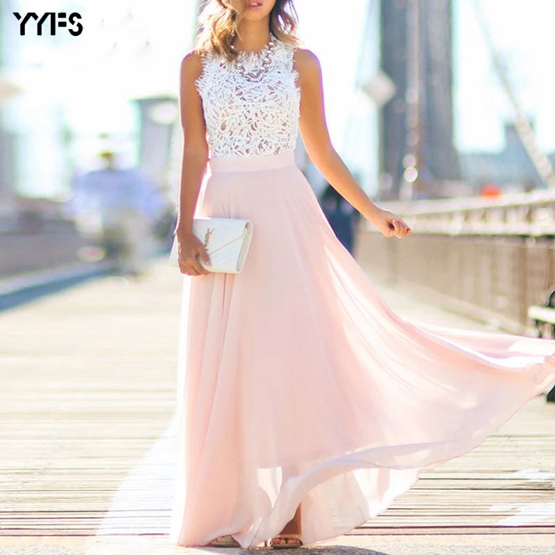 

YYFS New Arrival 2019 Sring Evening Party Hollow Out Beach Dress Womens Boho Sleeveless Maxi Dress Party dresses Dropshipping