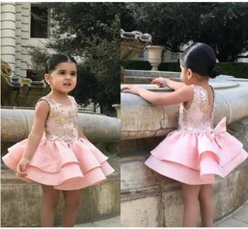 

New Pink flower girl dress knee length with bow lace applique any size custom made