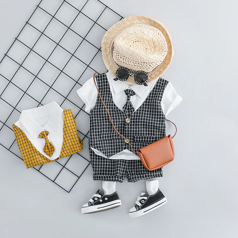 

HYLKIDHUOSE 2019 Summer Toddler Infant Clothing Sets Baby Boys Clothes Suits Plaid Vest Shirt Shorts Kids Children Costume