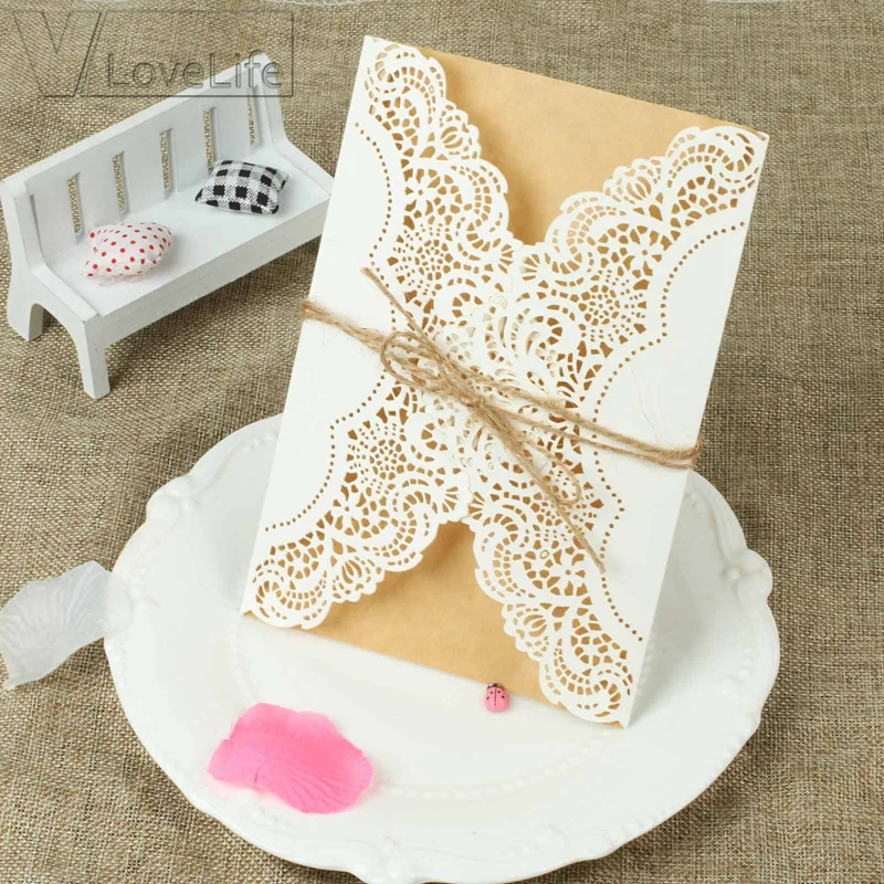 

20pcs Wedding Invitations Vintage 5"x7" Paperboard Laser Cut Invitation Cards with Envelope Thank you Stickers