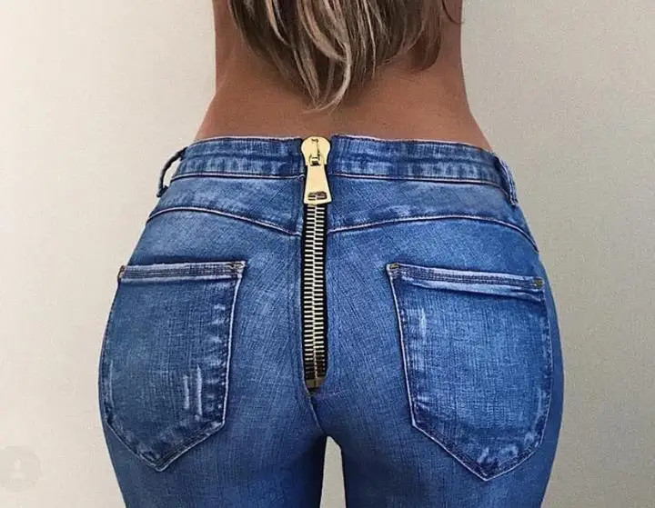 Пикантные Softener промывают джинсы для женщин с молнией сзади Push Up узкие прямые джинсовые штаны уличная повседневное женские джинсовые брюки