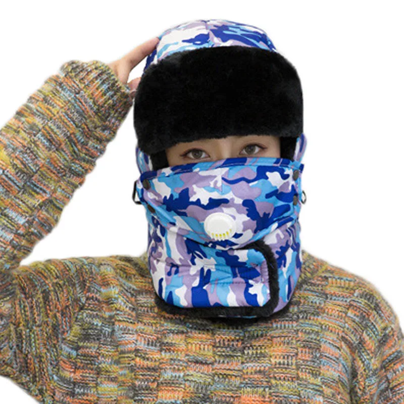 Winter Thermal Hiking Caps,Camouflage Warm Ear Neck Protector with Breathing Valve,Women Men Sports Ski Hats facemask - Цвет: Camouflage Blue