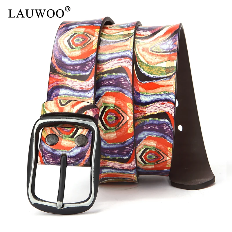 

LAUWOO Men Fashion Color Graffiti Printed Leather Belt Genuine Leather Belt Female Rainbow Strap Women Jeans Belts Cowboy Belts