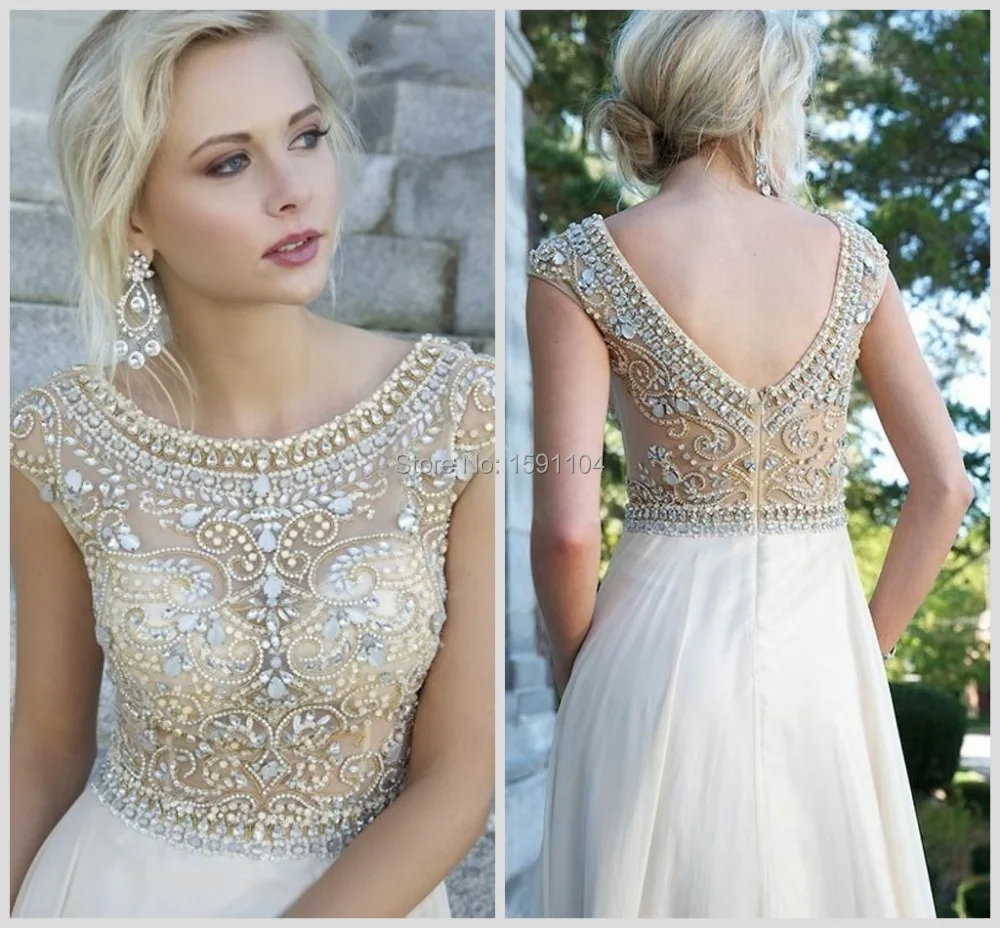 Jewel Crystal Prom Dresses Beading With Cap Sleeves Chiffon Floor