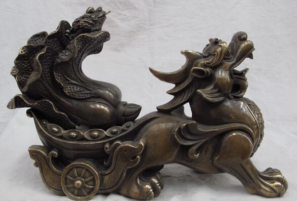 

USPS to USA S3198 China Folk Copper Bronze Fengshui Lucky Wealth Foo Dog Lion Pull cabbage Statue (B0413)