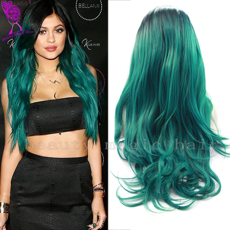 2020 Popular Black Root To Dark Green Ombre Long Synthetic 