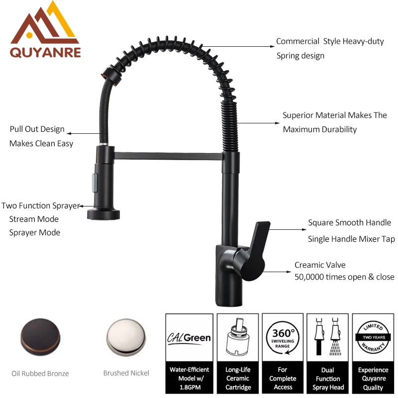 quyanre wanfan gappo bronze black spring kitchen faucet single handle mixer tap pull out 2 way sprayer deck mounted kitchen spring faucet mixer tap2