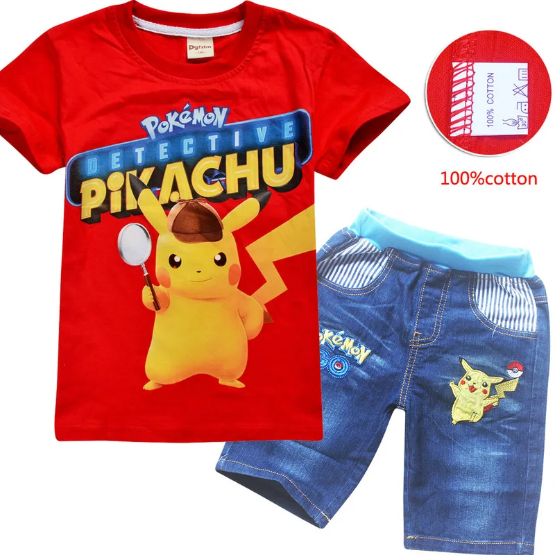 

Girls boys Clothing Sets 2019 Summer Cotton pokemon go Children Sets Casual Fashion pikachu detective Clothes Suit shorts jeans