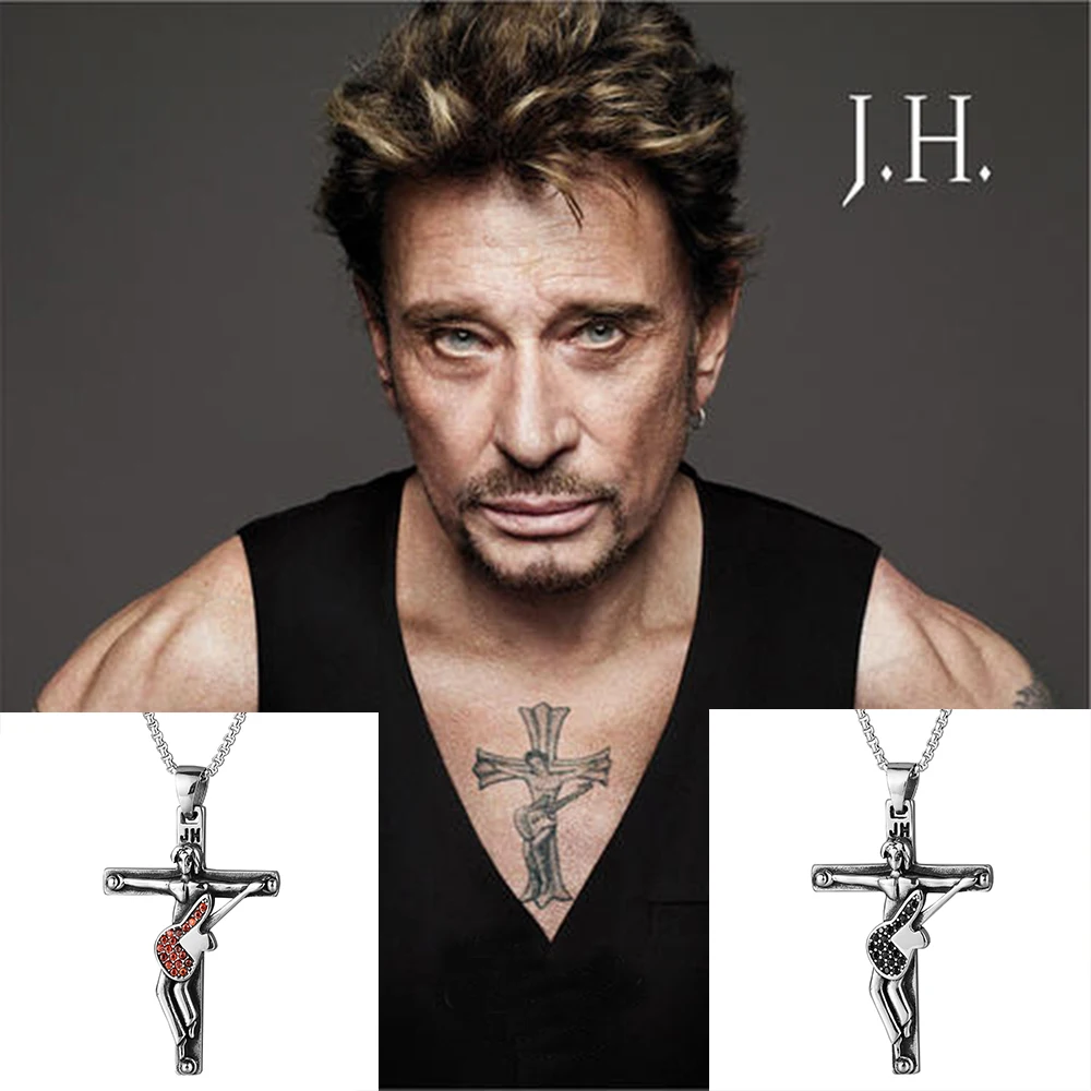 

10pcs Johnny Hallyday Guitar Cross Pendant Necklace Collections Men Jewelry 316 Stainless Steel Locket Charms Christian Crucifix
