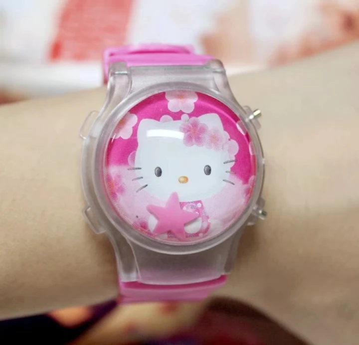 KT hello Kitty светящийся силиконовый светодиодный светильник для девочек и детей, электронные детские часы с откидной крышкой