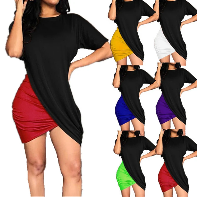 

2019 Fashion Irregular Summer Dress Women Bodycon Casual Short Sleeve Patchwork Bandage Dresses O Neck Mini Draped dress S-3XL