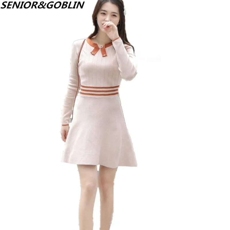 

Spring High Quality 2019 Fashion Womens Long Sleeve Knitted Mini Dresses Autumn Women Bow Vestidos Sweater Dress