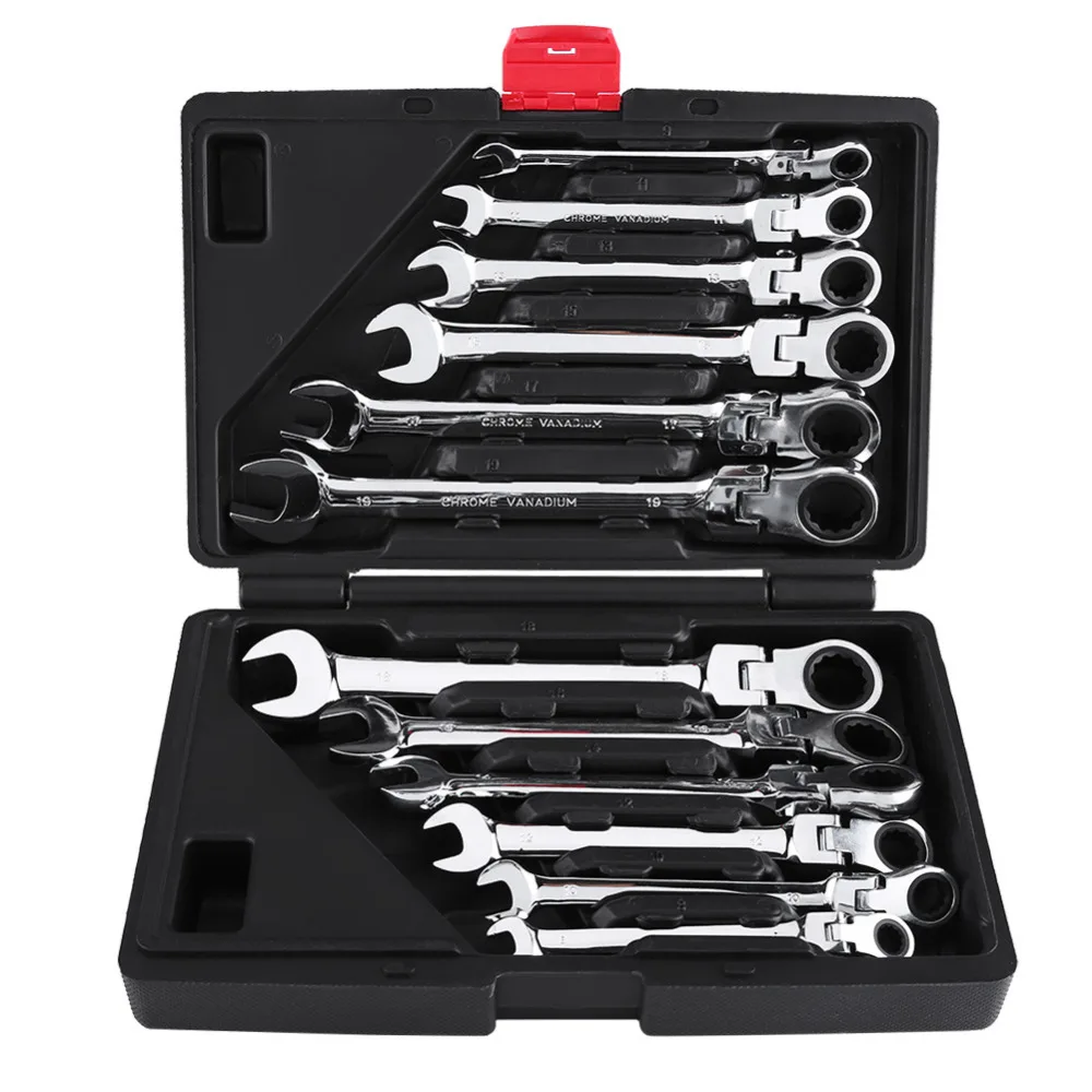 

12pcs/set 8-19mm Flexible Combination Spanners Ratchet Wrench Car Garage Tools Set With Box