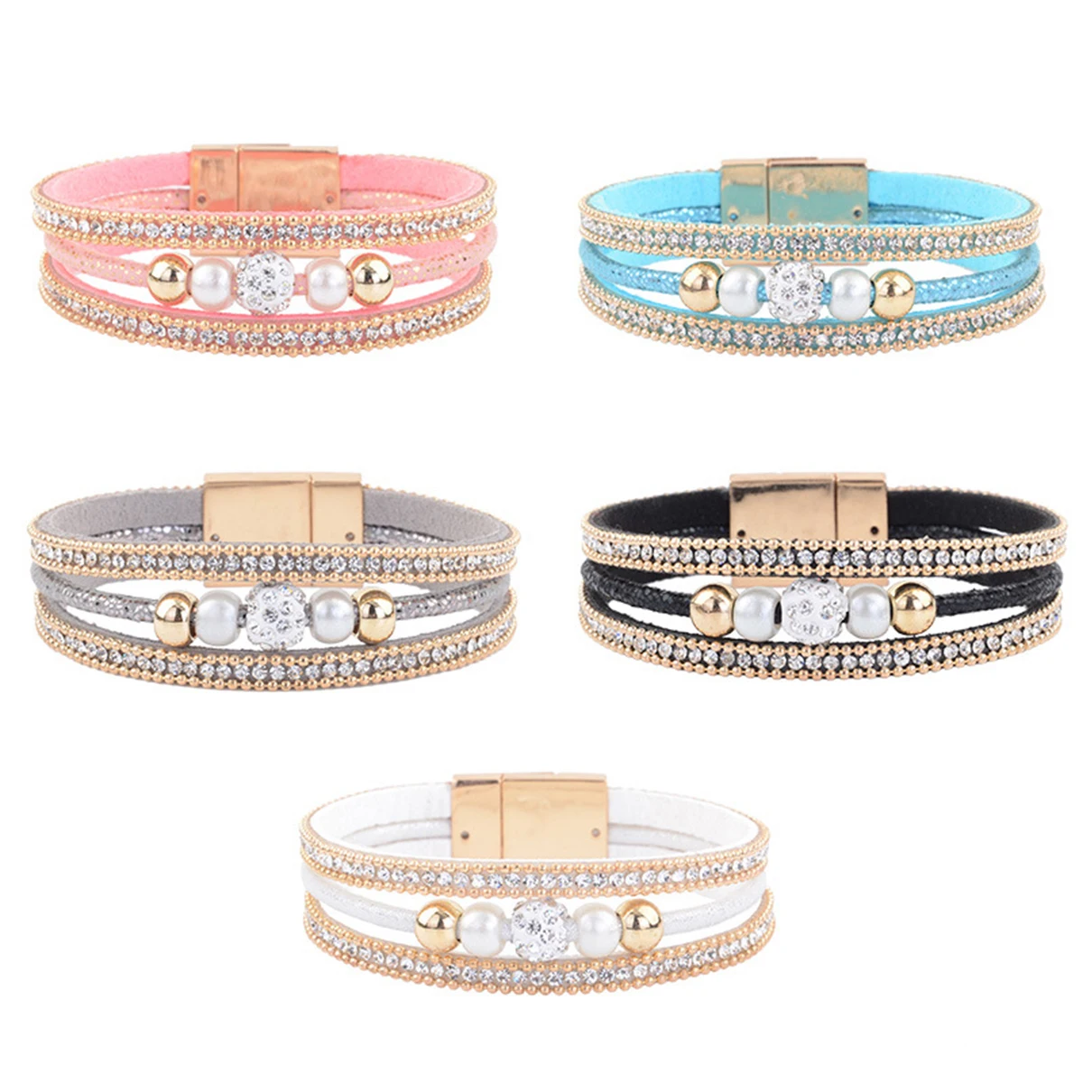 Vintage Fashion Women Bracelet Jewelry Leather Multilayer Luxury Full Crystal Beads Bracelets Punk Charm Magnetic Bangle Cuff