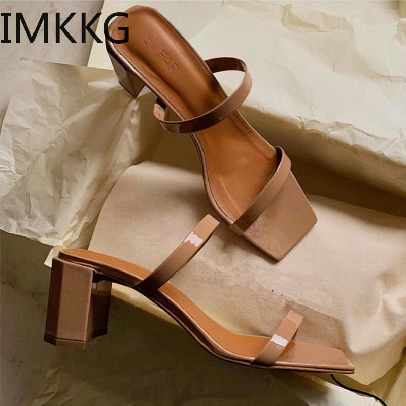 

Narrow Band High Heel Women Sandals Vintage Square Toe Slipper Sandals Women Elegant Slip on Beach Sandals Big Size 43 A00321