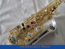 Professional Silver Plated Body and Gold Plated Keys Alto Saxophone Eb sax Lapis lazuli Key Shell Key High F# W/Case