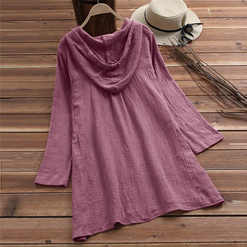 New Fashion Summer Women Brief Casual Daily Hooded Pocket Loose Blouse Button Plus Size Cotton T-Shirt Top #4F01  (10)