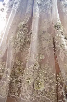 

1 yard heavy beaded lace fabric, gold super delicat 3D beads lace fabric, vintage style bridal lace fabric, beading cord lace