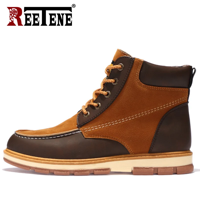 

REETENE 2019 Leather Men Boots Winter Warm Snow Boots Men Winter Boots Work Shoes Men Footwear Fashion Rubber Ankle Shoes 39-46