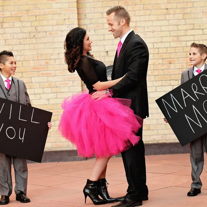 

Fashion Hot Pink Tulle Skirt Custom Made Retro Full Sewn Midi Tutu Skirt in Fuchsia Stylish Bridal Bridesmaid Party Skirts