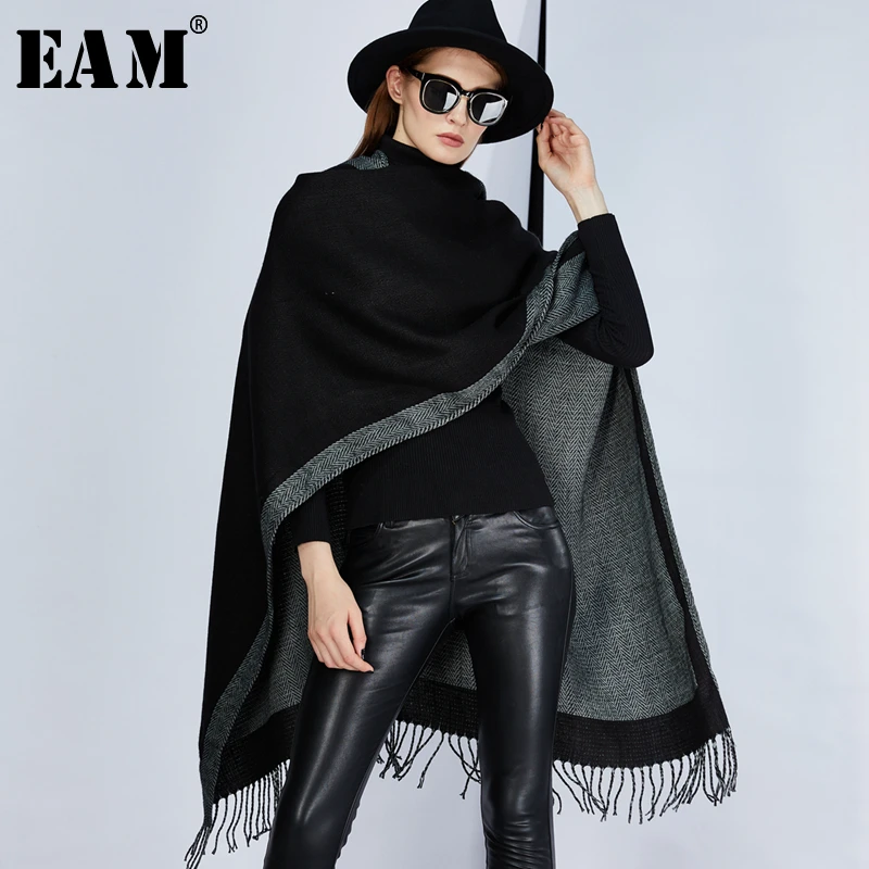 

[EAM] 2019 New Spring Summer Loose Black Patchwork Tassel Double Sided Scarf Women Fashion Tide Casual Thick shawl OA844