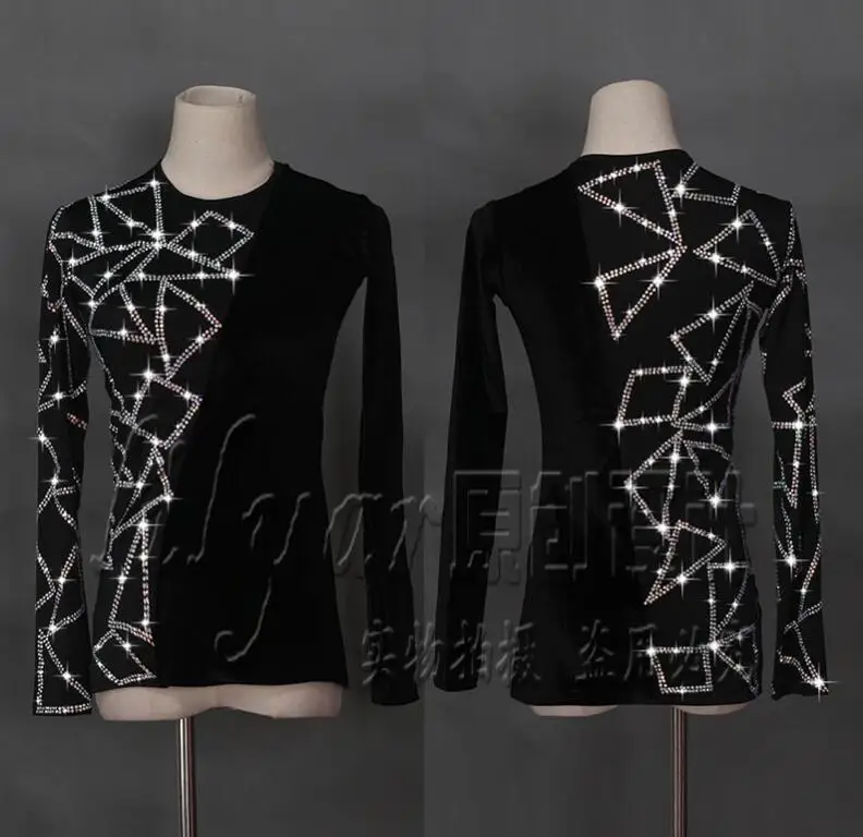 Latin Dance Shirts Men Flamenco Long Sleeve Round Neck Sequin Middle