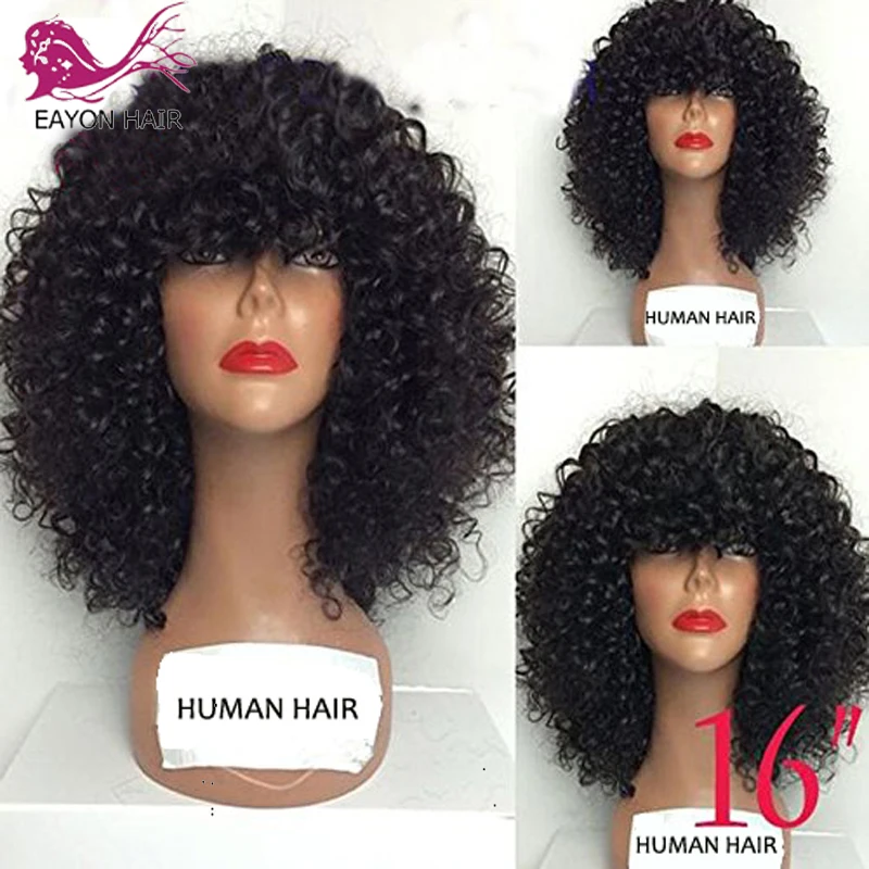 Eaion кудрявые человеческие волосы, парики на кружеве, 130% плотность, бразильский кудрявый парик с полной челкой для черных женщин, волосы remy