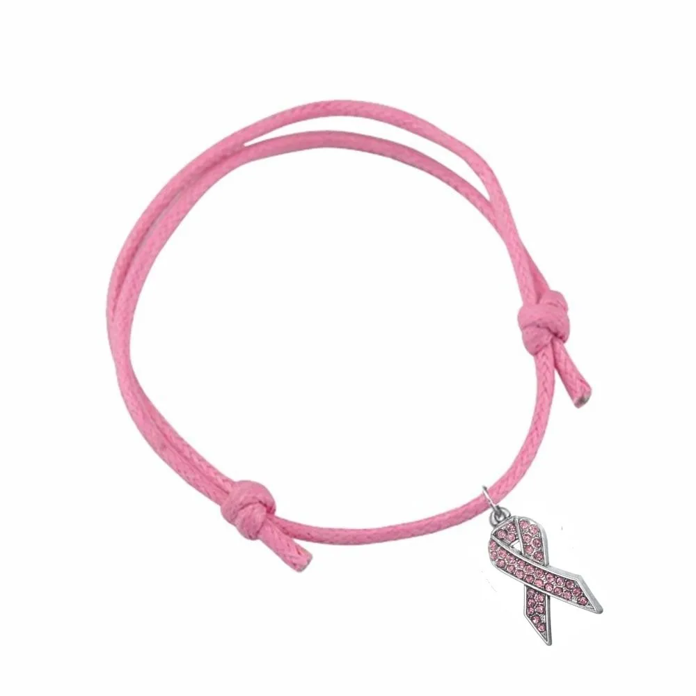 

my shape Simple Style Pink/Blue/Red Ribbon Breast Cancer Awareness Charm Adjustable Wax Cord Bracelet Survive Jewelry Gift 1pcs