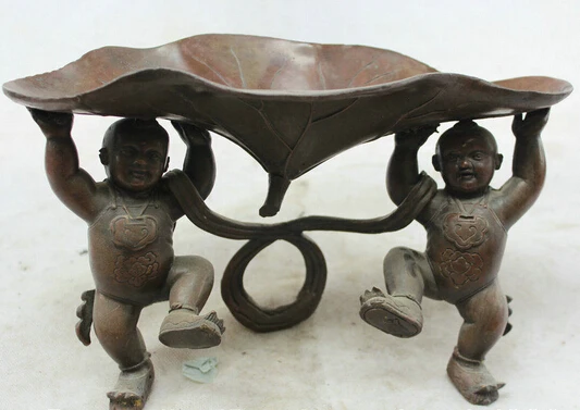 

JP S0524 11" Chinese Bronze Folk Feng Shui Tong Zi Two Boy Lad lotus leaf Statue ashtray