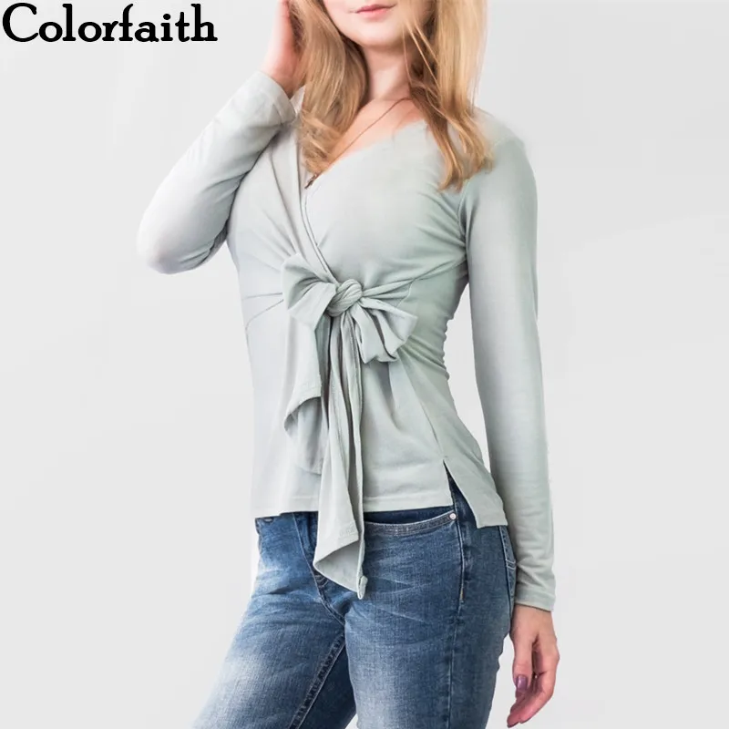 

Colorfaith New Women Blouses & Shirts 2019 Autumn Spring Ladies Casual Fashion Lace up Bow V-neck Sexy Style Tops shirt BLA353