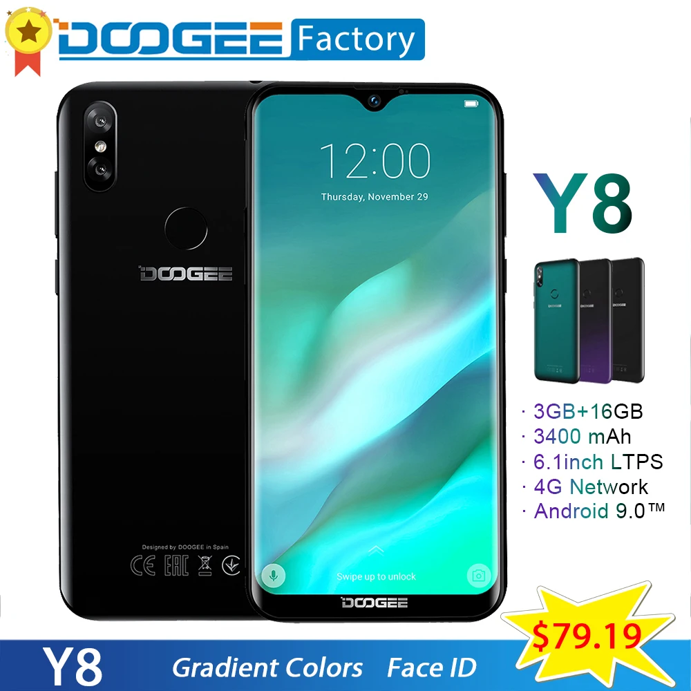 

DOOGEE Y8 Android 9.0 4G LTE Smartphone 6.1 inch Waterdrop Screen Face ID 3GB 32GB 8MP+5MP3400mAh MTK6739 Quad-Core cellphone