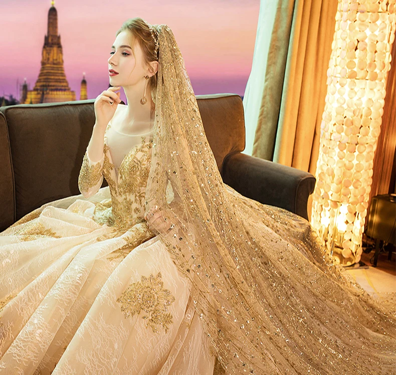 Блестящее Настоящее фото, королевское мусульманское свадебное платье с длинным рукавом, кружевное роскошное свадебное платье с бисером, отправка 3 м, длинная вуаль, Robe De Mariee