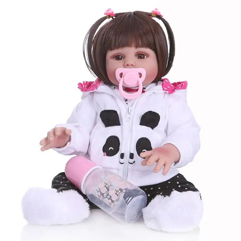

all body Silicone Reborn Baby girl Dolls With Panda clothes 48CM vinyl Baby Reborn Realistic bath toy Boneca Kids Playmate gift