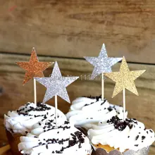 Дешевые Блестки звезда кекс wrapи обертки набор выбор, Свадебный кекс Топпер, с изображением пирожного на день рожденья зубочистки