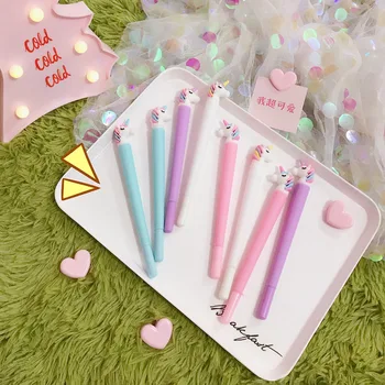 

4 Pieces Creative Cartoon Cute Pens Unicorn Design Blue Pink White Purple Gel Pen 0.5mm Black Ink Needle Tip Promotional Pens