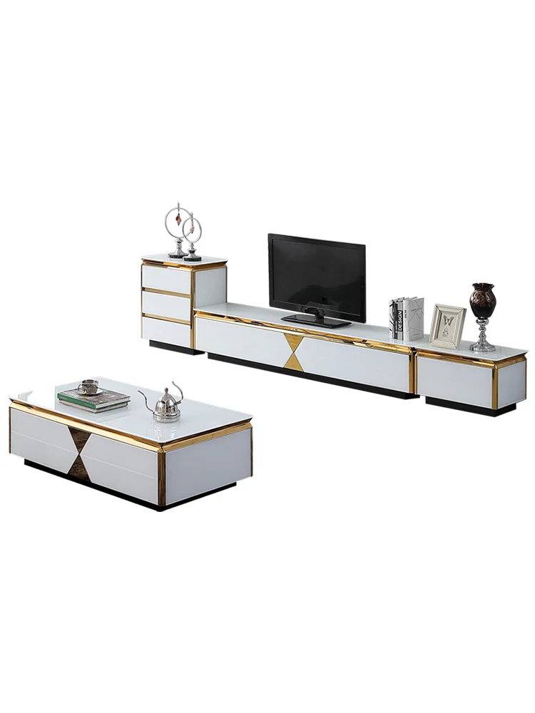 cheap tea table black white Living Room TV monitor stand mueble stalinite gold stainless steel cabinet +tv table+Coffee centro Table