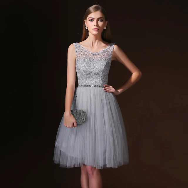 Silver Color Short Prom Dress with Beads Sleeveless Lace Tulle Short Evening Women Party Dress
