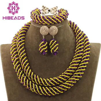 

New Purple Mix Yellow Bridal Beads African Jewelry Sets Crystal Rope Chain Necklace Earrings Set Handmade Free Shipping WD883