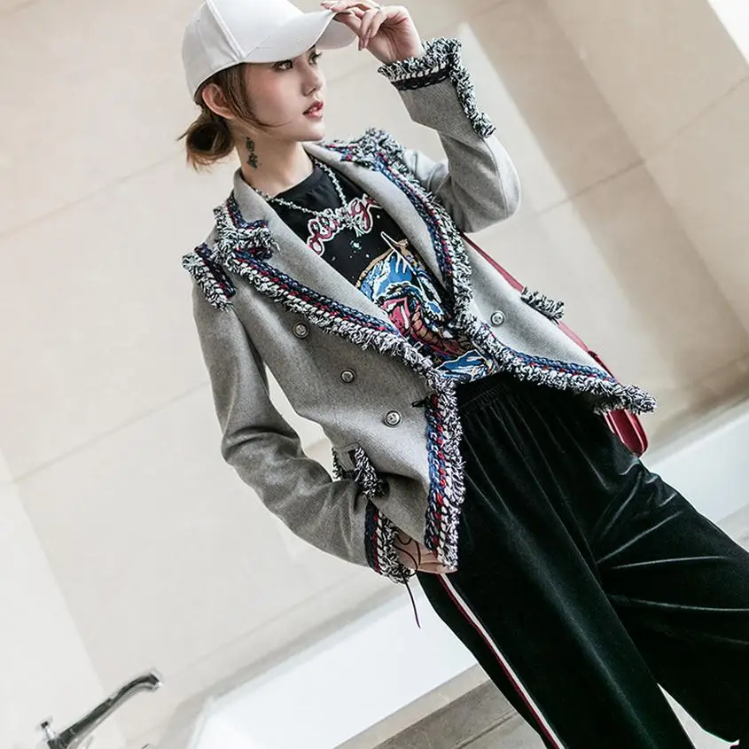 Модный бренд серый твил Блейзер 2019 Весна Новый для женщин Корейская версия двойной груди маленький пиджак wj159 Бесплатная доставка