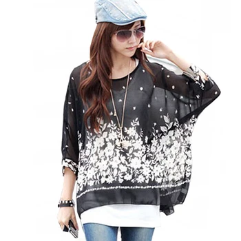 

Shirts Women 2018 New Fashion Floral Printing Black Chiffon Tops and Blouses Batwing Sleeve Casual Summer Blouse Plus Size 4XL