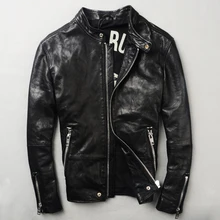 Мужская мотоциклетная кожаная куртка из натуральной кожи, толстая овчина, короткая приталенная черная зимняя одежда с воротником-стойкой