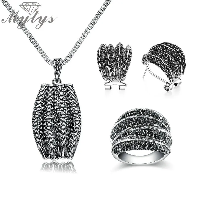 

Mytys Two Styles Black Marcasite Stone Vintage Jewelry Sets for Women High Quality Sparkling Antique Retro Statement Jewellery