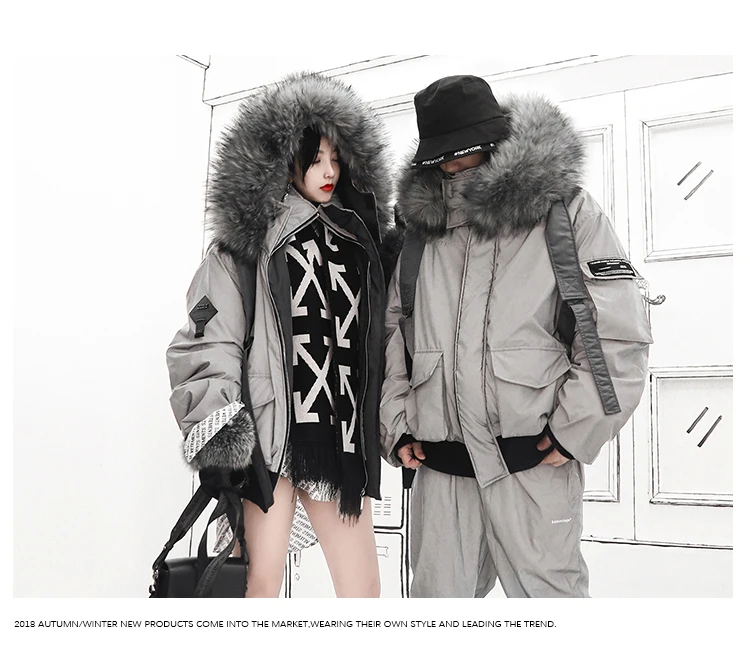 Зимняя Толстая 3 м Светоотражающая куртка с меховым воротником для пары мужчин и женщин, свободная куртка в стиле хип-хоп, уличная хлопковая куртка с капюшоном